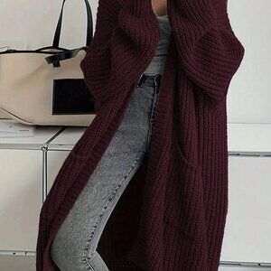 Burgundy Casual Women's Open Front Loose Knit Cardigan